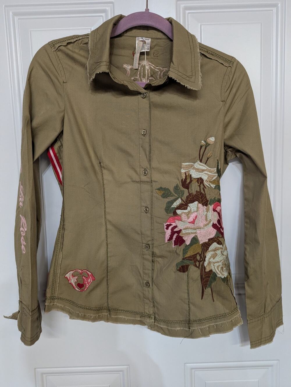 Y2K BOHO Deep Los Angeles Embroidered Frayed Ends Button Up Edgy Sm. Grunge
